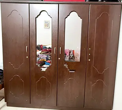 Large Dark Wood 4-Door Wardrobe with Mirror and Shelves