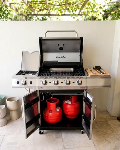 Char-Broil 4-Burner Gas Grill with Side Burner, 2 gas cylinders,Cabinet and cover