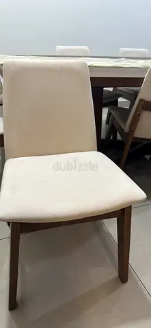 Set of modern wooden dining chairs with cream upholstery (12 chairs)