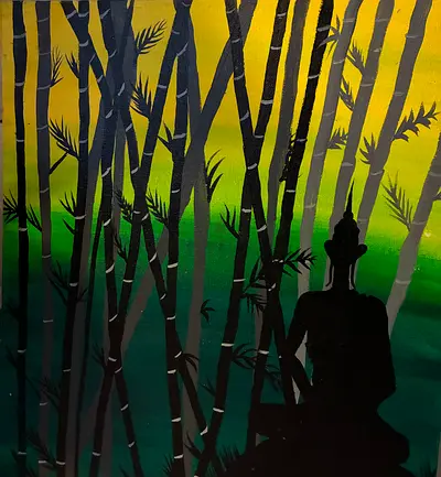 Bamboo Forest Silhouette Painting with Seated Buddha