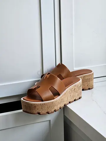 Hermes Brown Cork Platform Slide Sandals