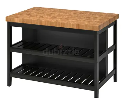 Kitchen Island with Wooden Top and Black  Frame - 2 Shelves