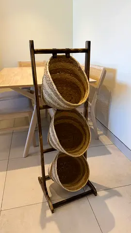 Wooden Stand with 3 Woven Hanging Baskets