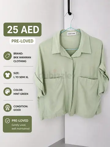 Mint green casual button-up shirt, size L to semi XL, pre-loved