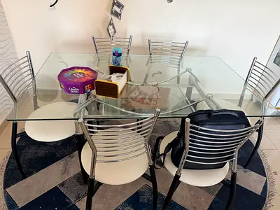Glass Top Dining Table with 6 Metal Chairs - Good Condition