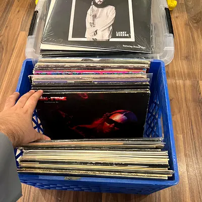 Collection of Vinyl Records in Crate - Mixed Artists and Albums