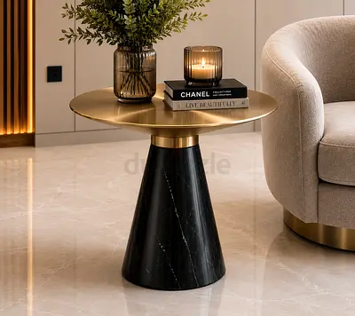 White and Velvet Gold Abel 1 Side Table - 48 cm Diameter, 50 cm High