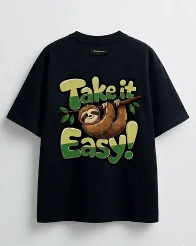 Black Take It Easy Sloth Graphic T-shirt, Size M