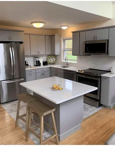 Modern Grey Kitchen with Island with marble top counter