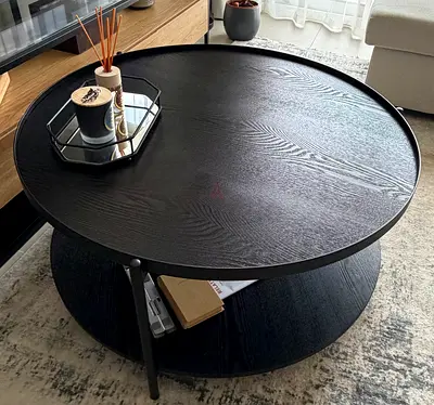 Round Black Wooden Coffee Table with Lower Shelf