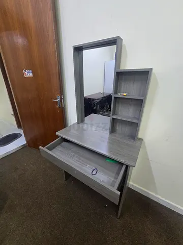 Grey wooden dressing table with mirror and shelving - good condition