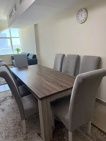Wood dining table with 8 chairs - light grey set