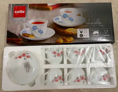 Set of 6 Cello Opalware Tea Cups  Saucers (Floral) - Like New