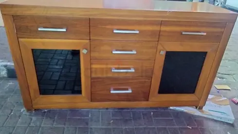 Solid Wood Sideboard / Buffet Cabinet with Glass Doors - Good Condition