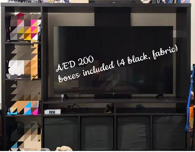 IKEA LAPPPLAND TV storage unit with 4 black fabric boxes