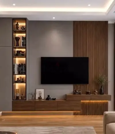 Modern wall-mounted entertainment unit with LED shelving and wooden slats