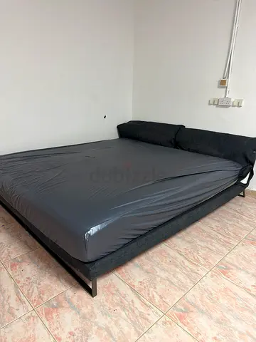 Queen size bed frame with mattress - simple grey fabric