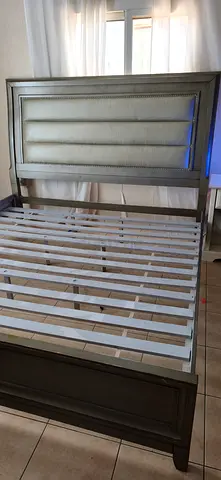 Wooden Double Bed Frame with Padded Headboard - Good Condition