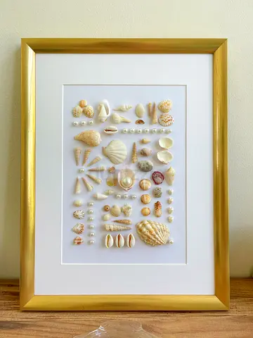 Handmade Seashell Wall Art in Gold Frame – Coastal Beach Decor