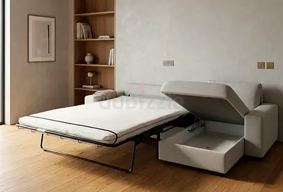 Light grey fabric sofa bed with storage, modern pull-out guest bed