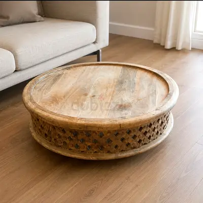 Marina Home Round Carved Low Coffee Table - Solid Light Wood