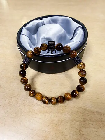 Tiger Eye Beaded Bracelet with Black CZ Accents