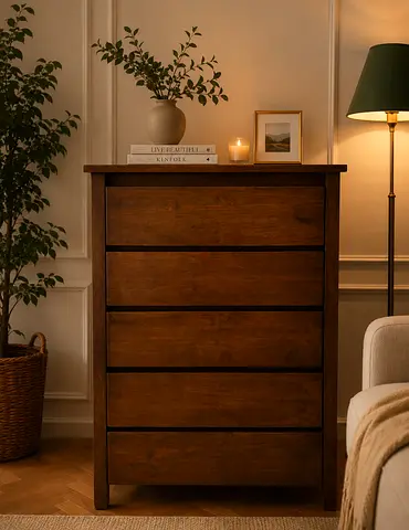 Solid Wood 5-Drawer Chest of Drawers - Warm Brown