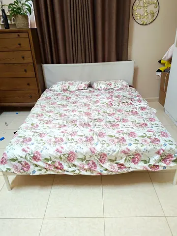 Ikea white metal queen bed frame with headboard and Marress- good condition