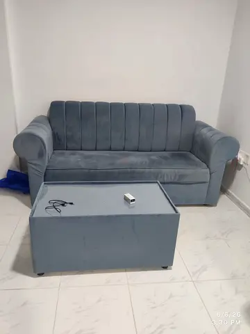 Blue Velvet 3-Seater Sofa with Matching Coffee Table - Good Condition