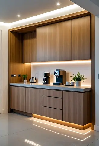 Modern Built-in Wooden Kitchen Cabinets with LED Accent Lighting