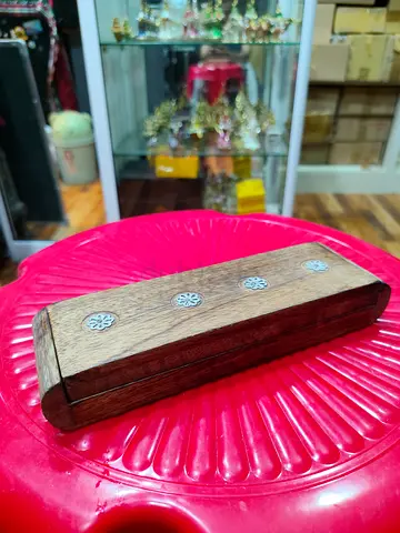 Vintage Handmade Wooden Incense Holder Box with Decorative Inlays 20cm long