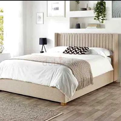 Beige Upholstered Double Bed with Padded Headboard