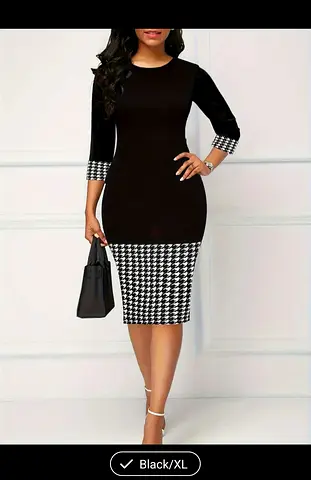 Black bodycon midi dress with houndstooth trim - XL