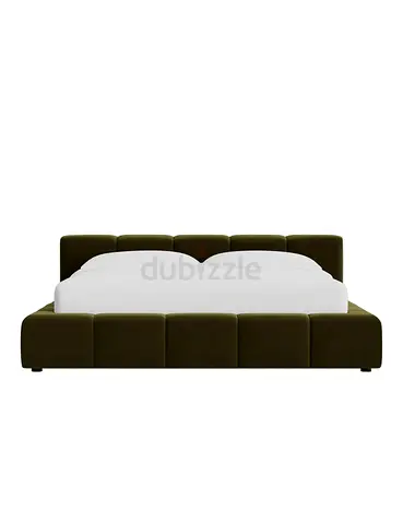 Low-profile upholstered super king bed frame in olive green