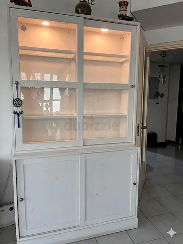 White Wooden Display Cabinet with Glass Doors and Shelves