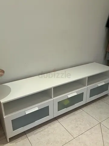 White TV stand/console with shelves and 3 Glass-Front Drawers