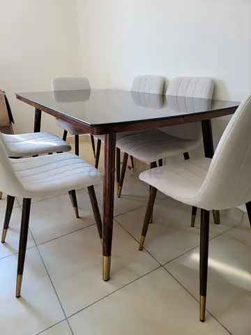 Mid-century Modern Dining Table with 6 Upholstered Chairs