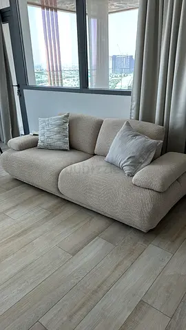 Beige 3-seater Low Profile Fabric Sofa + Armchair Good Condition