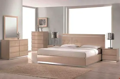 Modern Beige King Size Bedroom Set with Bed, Dressers and Nightstands