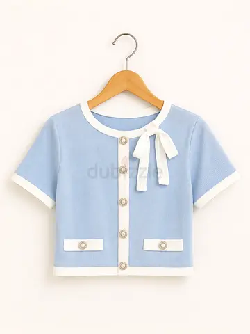 Light Blue Short-Sleeve Cropped Knit Top with Contrast Trim and Bow