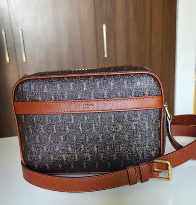 Saint Laurent brown monogram crossbody bag — compact leather shoulder bag