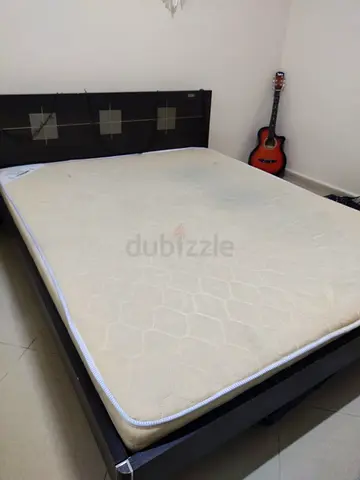 Queen size bed frame with mattress - dark wood, good condition