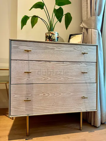 Modern 3 Drawer Dresser with grey Wood Grain Finish and Gold Accents - West Elm