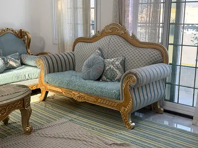 Ornate Antique-Style 2-Seater Sofa in Gold Trim and Blue Upholstery
