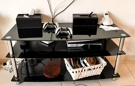 Black Glass TV Stand / Entertainment Unit - 3 Tier, Modern