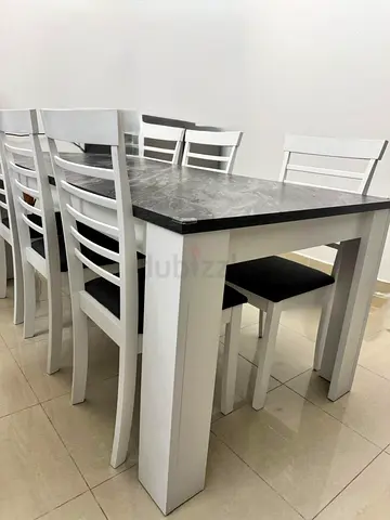 White Dining Table with Black Marble Top and 6 Chairs
