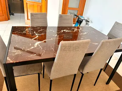 6-Seater Marble-Top Dining Table with Upholstered Chairs