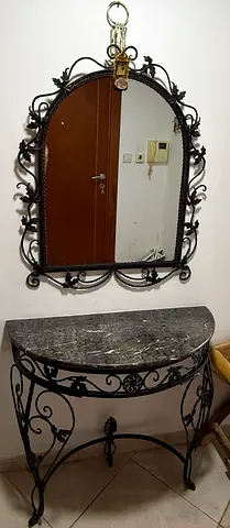 Metal Iron Console Table with Marble Top and Decorative Mirror - Set