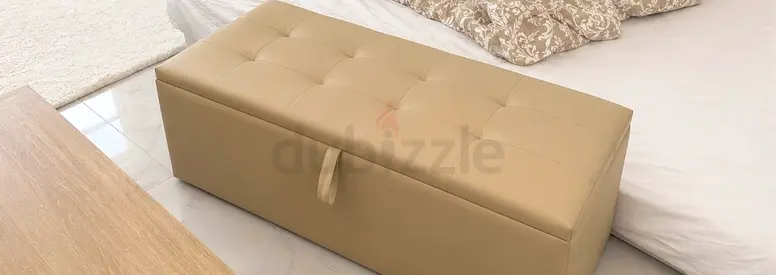 Beige Upholstered Storage Ottoman Bench — Good Condition