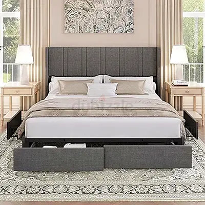 Gray Upholstered King Bed with Storage Drawers and Tall Padded Headboard